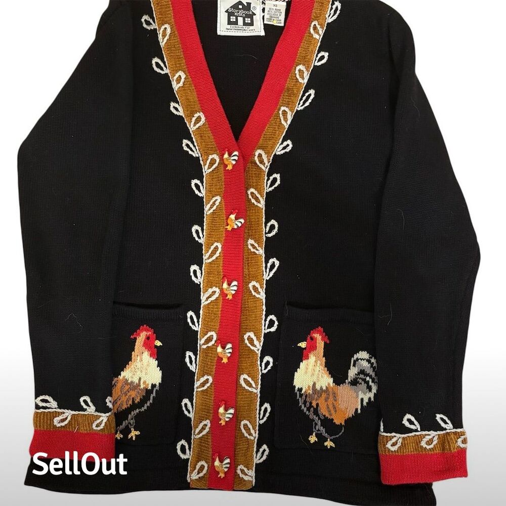Storybook Knits Black and Red Cardigan with Rooster Design